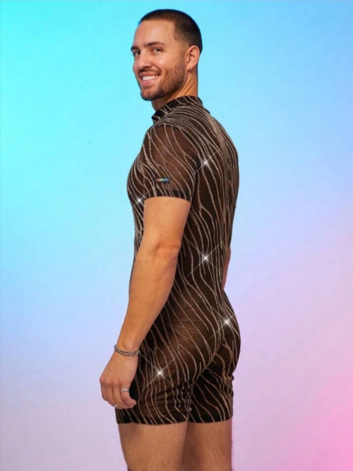 Uptown Funky Men's Metallic Mesh Sheer Catsuit Lounge Romper